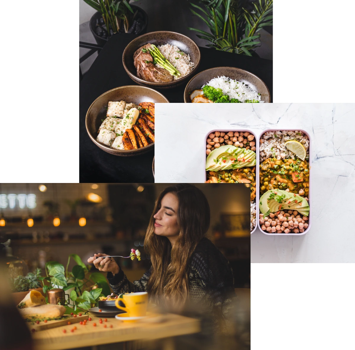 woman enjoying food,
          meals in storage container and food bowls on a table